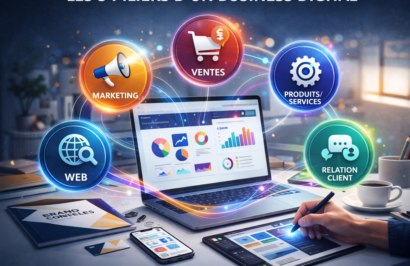 Illustration professionnelle des cinq piliers d’un business digital avec icônes marketing, ventes, produits, site web et relation client autour d’un ordinateur affichant des statistiques et outils numériques.