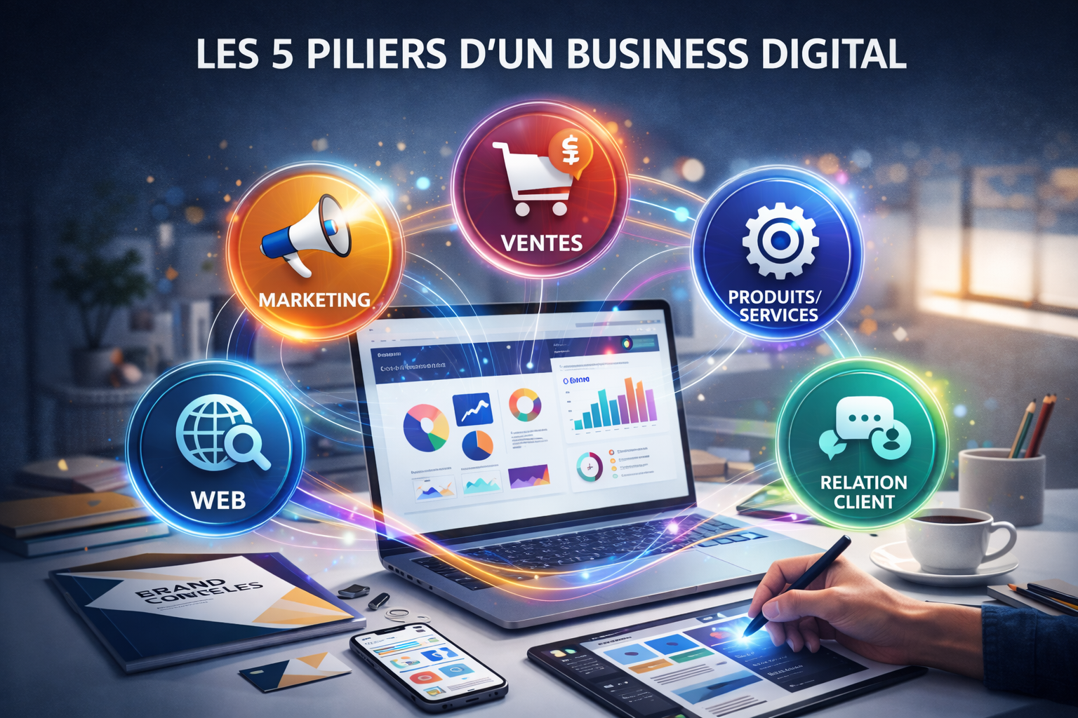 Illustration professionnelle des cinq piliers d’un business digital avec icônes marketing, ventes, produits, site web et relation client autour d’un ordinateur affichant des statistiques et outils numériques.
