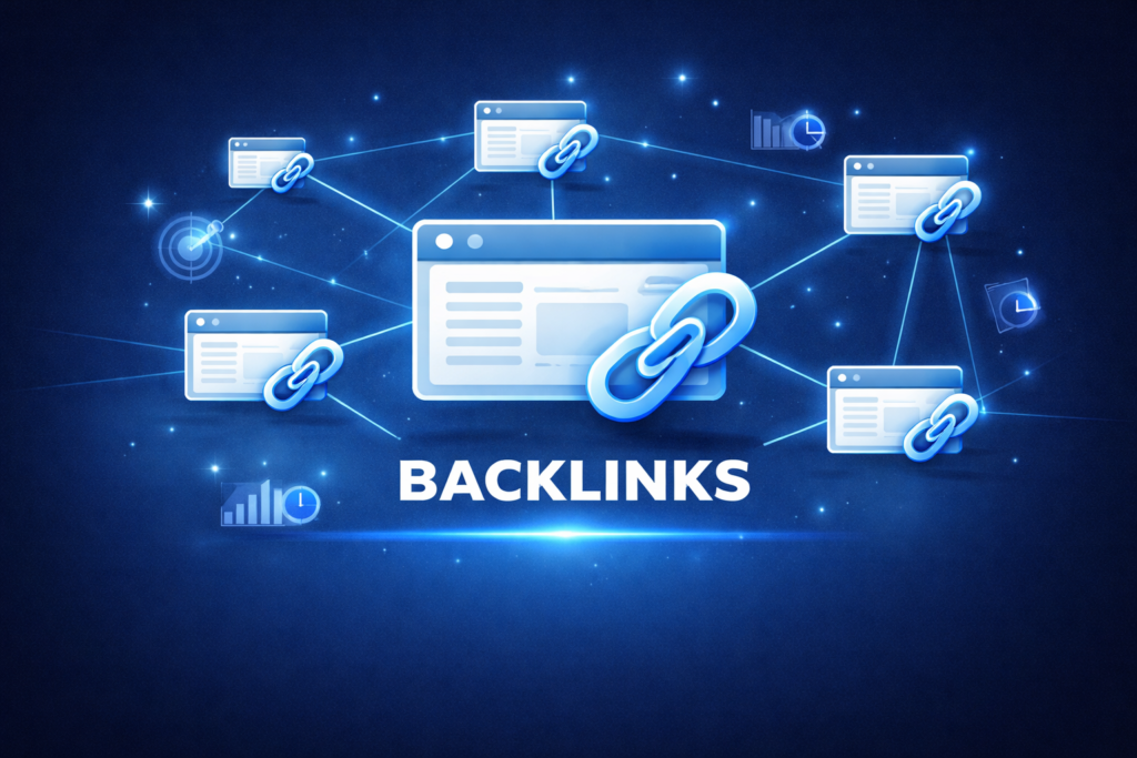 Illustration digitale représentant un réseau de backlinks connectés entre plusieurs sites web avec icônes de liens et interface SEO sur fond bleu technologique.