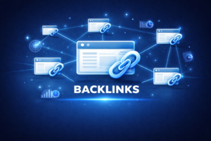 Illustration digitale représentant un réseau de backlinks connectés entre plusieurs sites web avec icônes de liens et interface SEO sur fond bleu technologique.