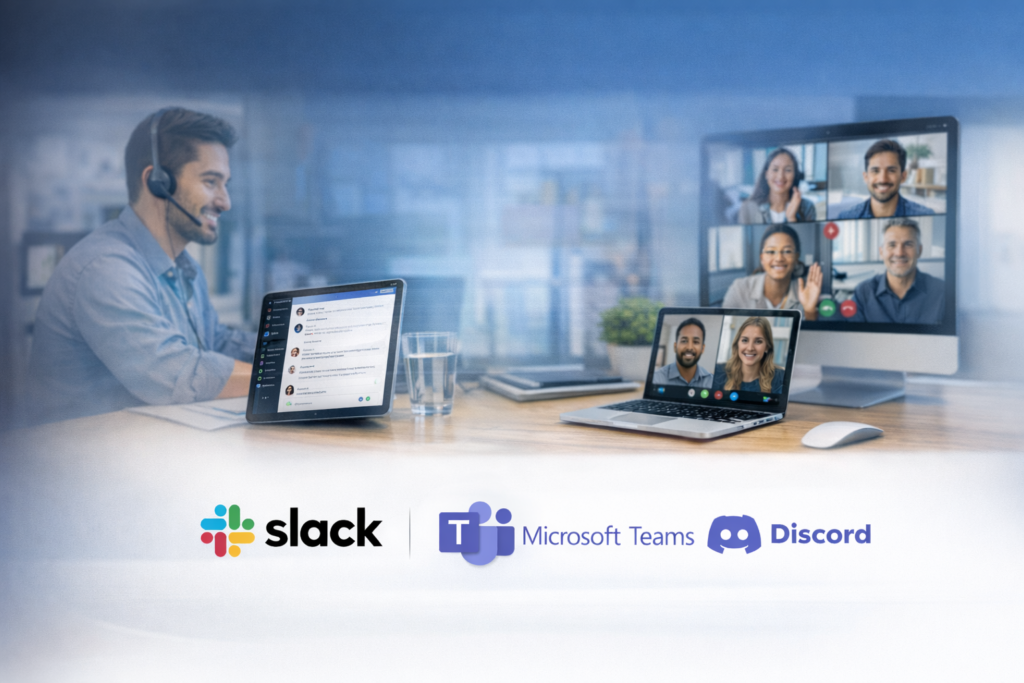 Comparatif Slack vs Microsoft Teams vs Discord – outils de messagerie interne et visioconférence pour entreprise, affichés sur écran avec interface de réunion en ligne.